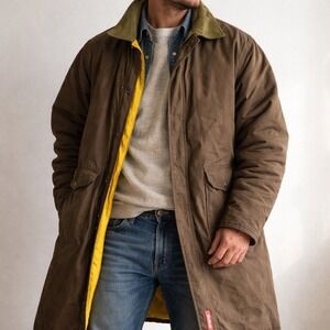 Marlboro XL Brown/Yellow Reversible Corduroy Collar Duster Jacket Vintage READ